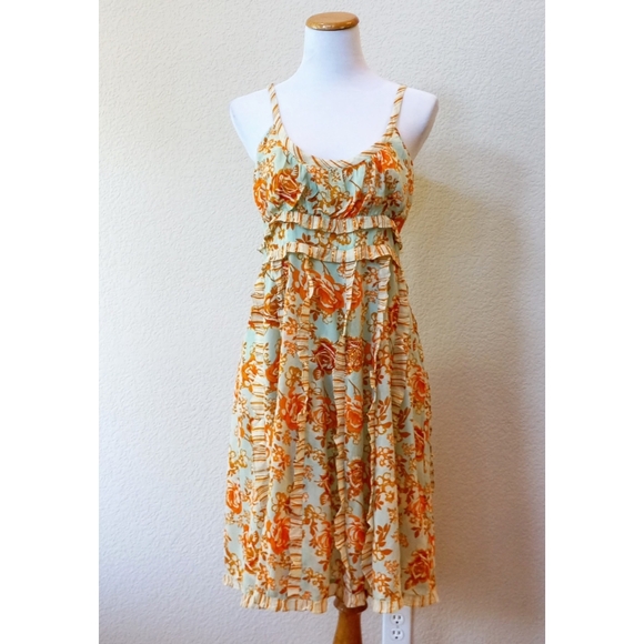 🍊 Dolce Cabo blue green and orange floral ruffle dress - Picture 1 of 8